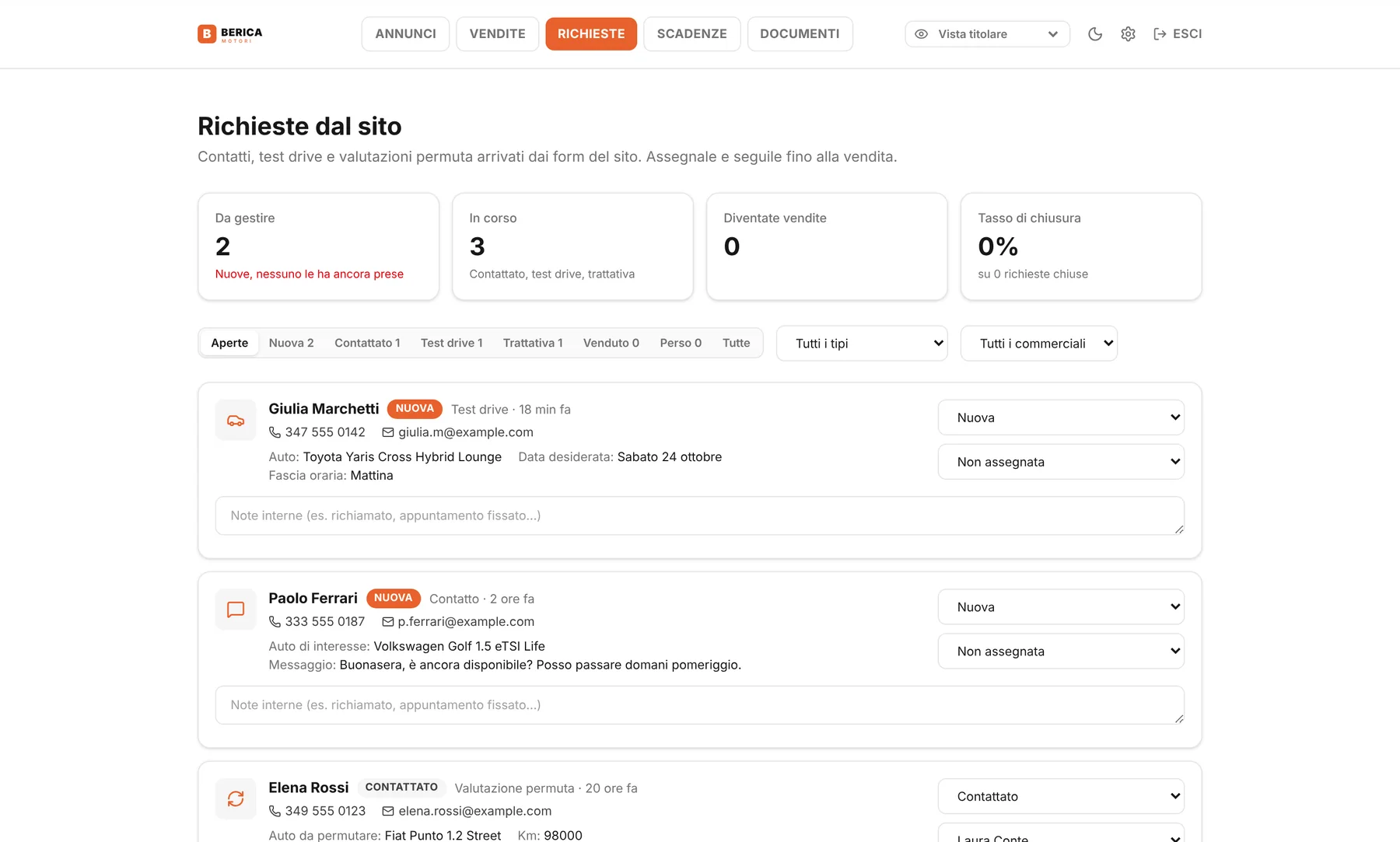 Gestionale: richieste dei clienti arrivate dal sito, con stato e assegnazione
